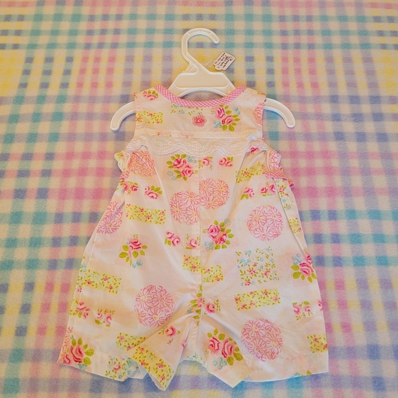 KRU LAYETTE 💐 Sweet Little Pink 'n Green Floral Sleeveless Romper w/Bows  0-3M - Picture 8 of 16
